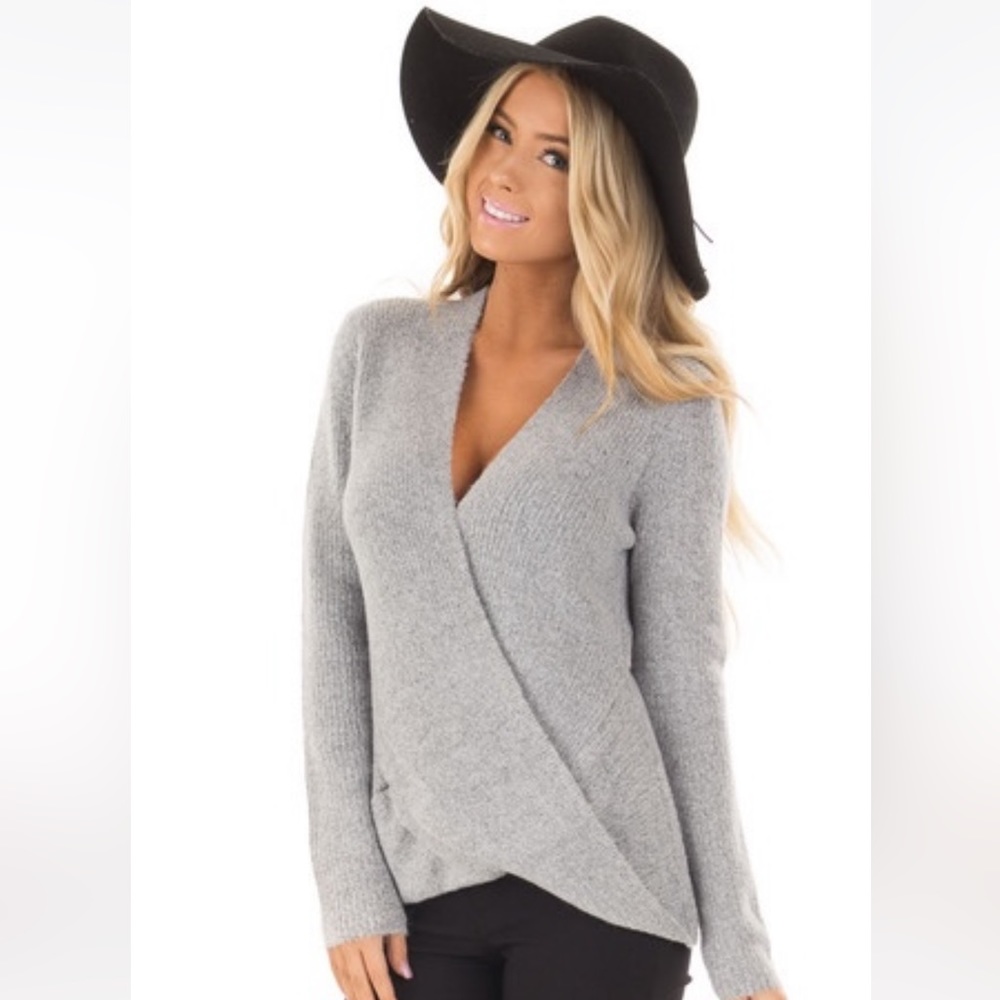 Zella Ribbed Deep V Wrap Sweater - Size S, Gray Heather
